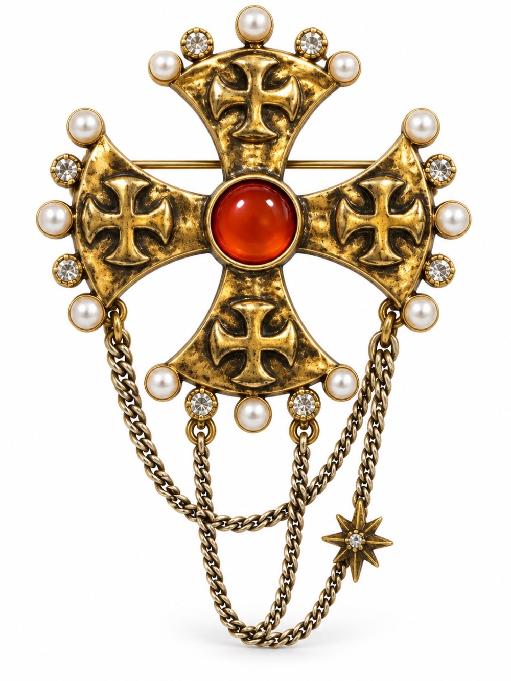 Gold-Tone Cross Brooch with Red Cabochon Center Pearls & Chain Dangle 🆕